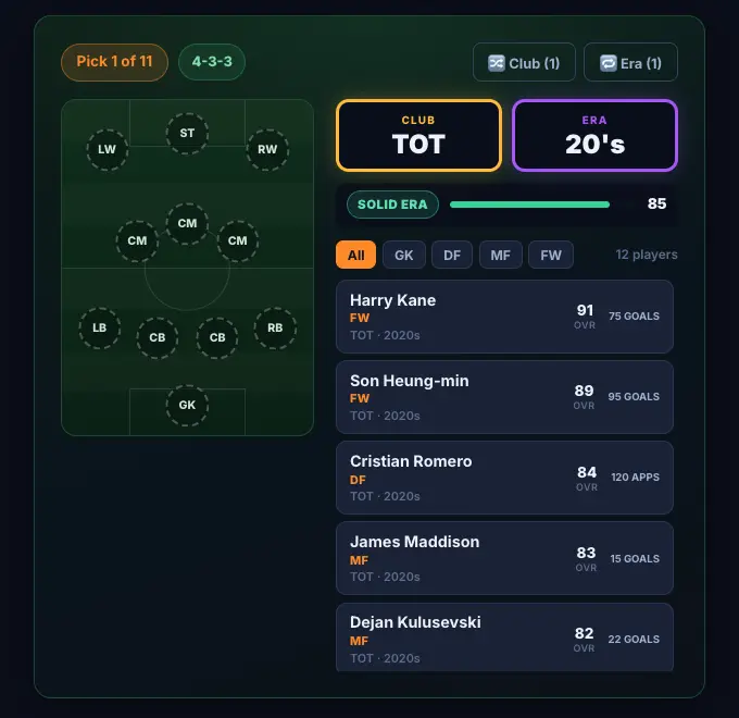 38-0 Game draft screen: the slot machine landed on Tottenham in the 2020s, listing twelve real players with ratings next to the 4-3-3 pitch